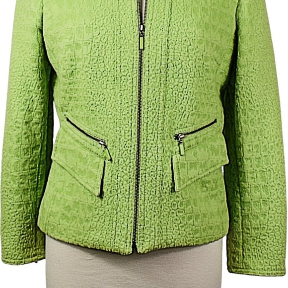 Unique Carlisle Green Angora-Wool Blend Embossed Moto Zip Jacket - Picture 4 of 11